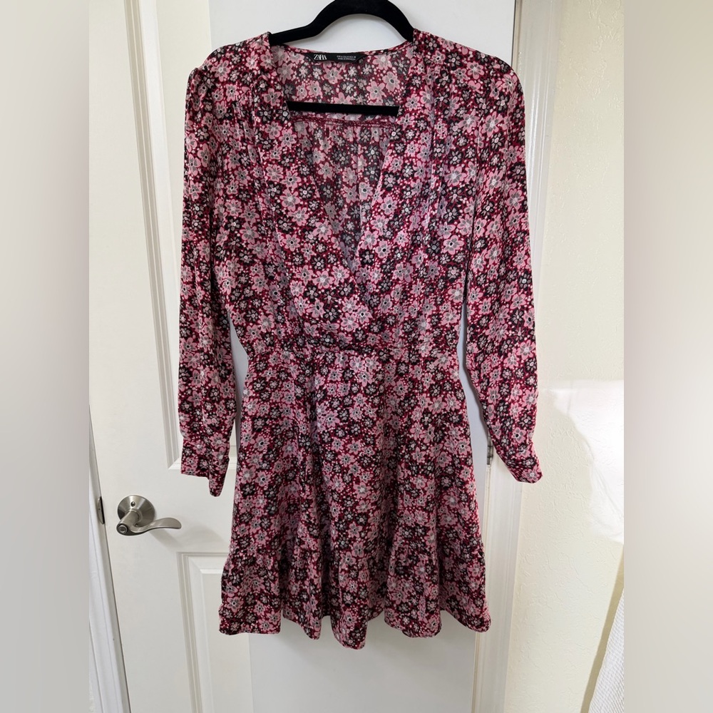 Zara Pink and Black Floral Long Sleeve Dress